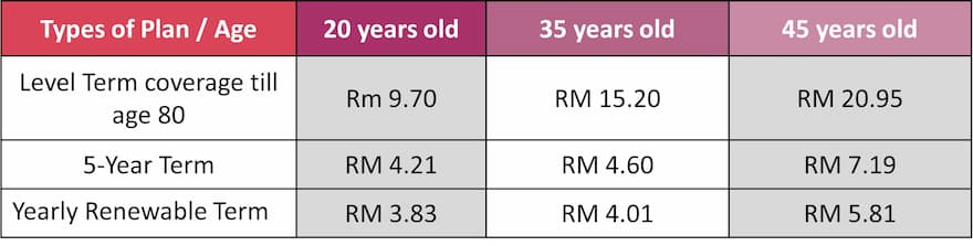 A-Life Protect Term annual premium rate table