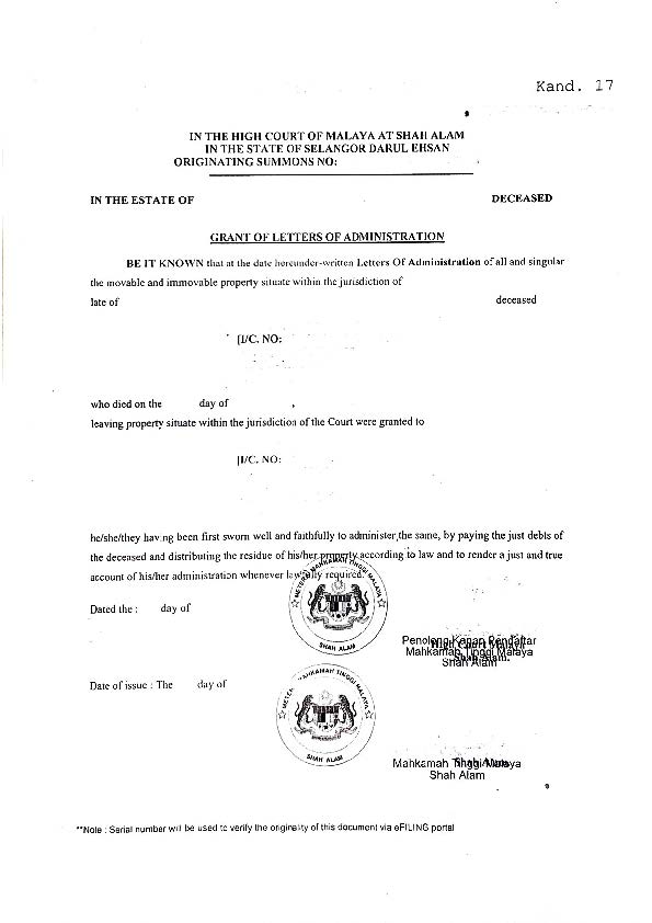 Letter of Administration by Malaysian Courts